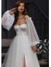 Strapless Beaded Ivory Tulle Wedding Dress With Detachable Sleeves